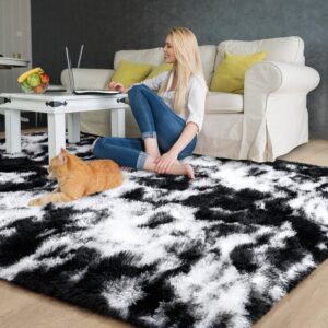 EVOIONOS Black White Tie-dye Rug for Living Room, 4x6 Ft Fluffy Shaggy Bedside Area Rugs for Bedroom, Plush Soft Indoor Floor Carpet for Kids Room Home Decor, Upgraded Non Slip Washable Aesthetic Rug