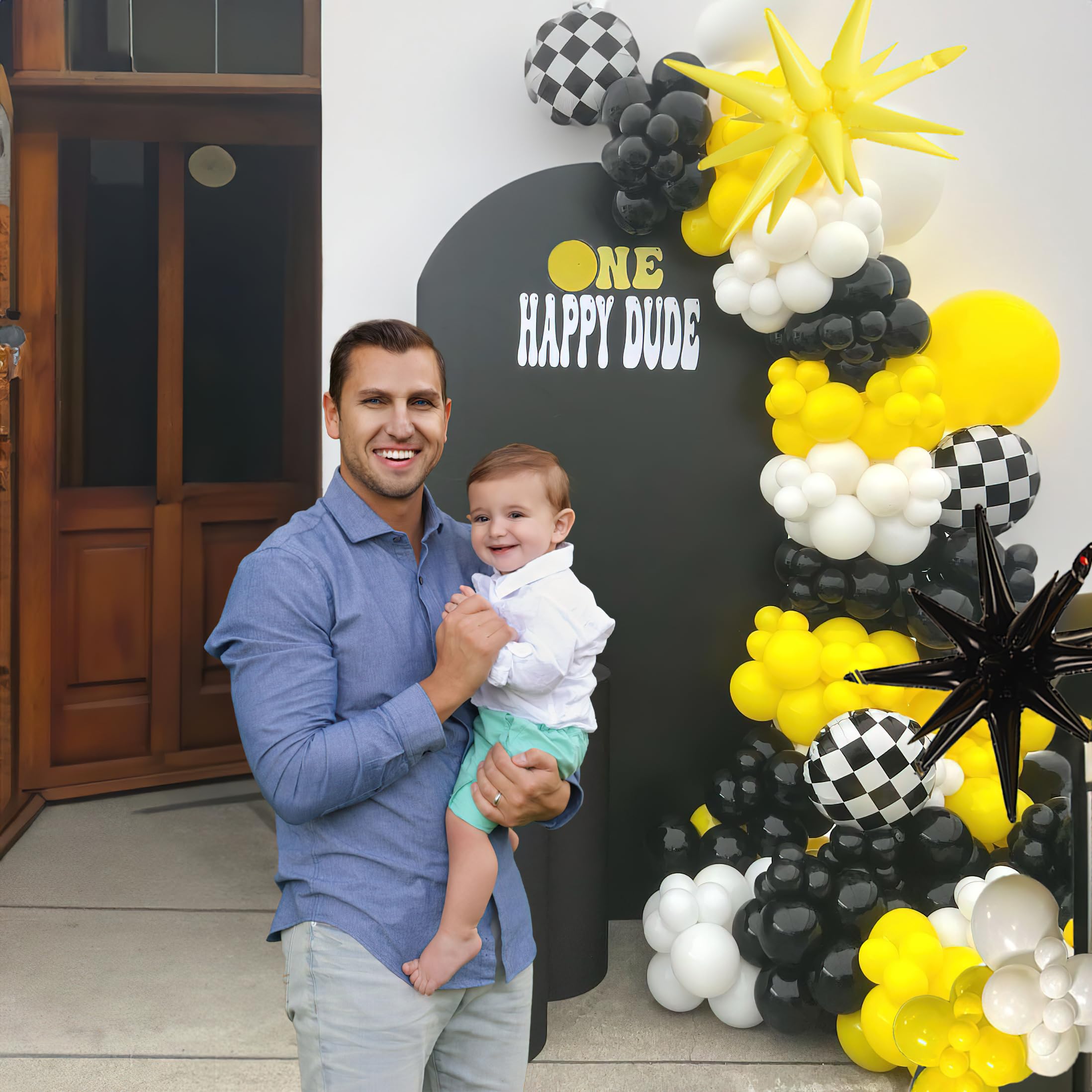 One Happy Dude Balloon Arch Garland Kit, 126Pcs 18" 12" 10" 5" Yellow Black Balloons with Checkered Foil Balloons for One Happy Dude Birthday Decorations Baby Shower Boys 1st Birthday Party Supplies