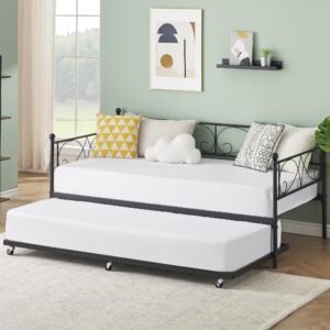 idealhouse metal daybed frame with trundle heavy duty metal slats/mattress foundation platform sofa bed with headboard for bedroom, twin, black