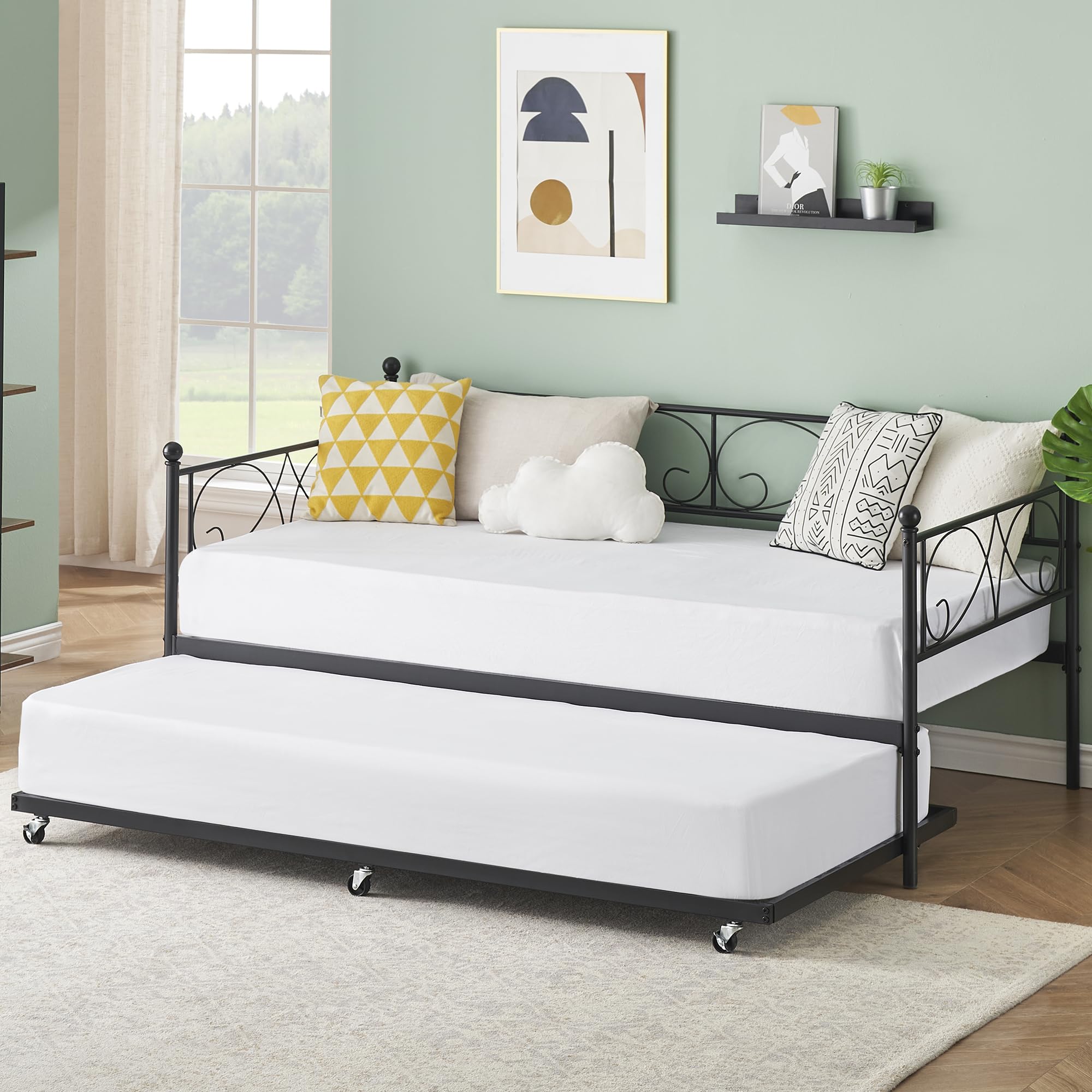 IDEALHOUSE Metal Daybed Frame with Trundle Heavy Duty Metal Slats/Mattress Foundation Platform Sofa Bed with Headboard for Bedroom, Twin, Black