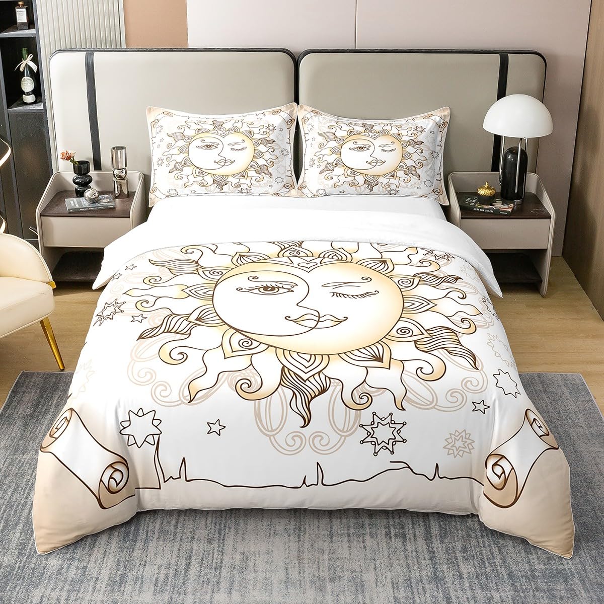 jejeloiu Sun Moon Duvet Cover 100% Cotton,Boho Exotic Bedding Set,Bohemian Galaxy Astrology Space Cosmic Celestial Comforter Cover Set,Full Size