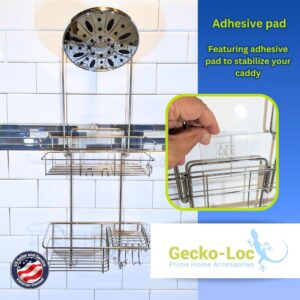 Gecko-Loc Adjustable Hanging Shower Caddy with Adhesive Storage Rack - Over Shower Head Hanger - for Shampoo, Soap, & Razors - Silver