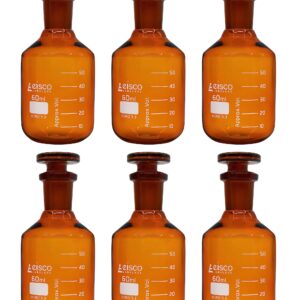 EISCO 6PK Reagent Bottles, Amber, 60mL - Graduated - Narrow Mouth with Solid Glass Stopper - Borosilicate Glass