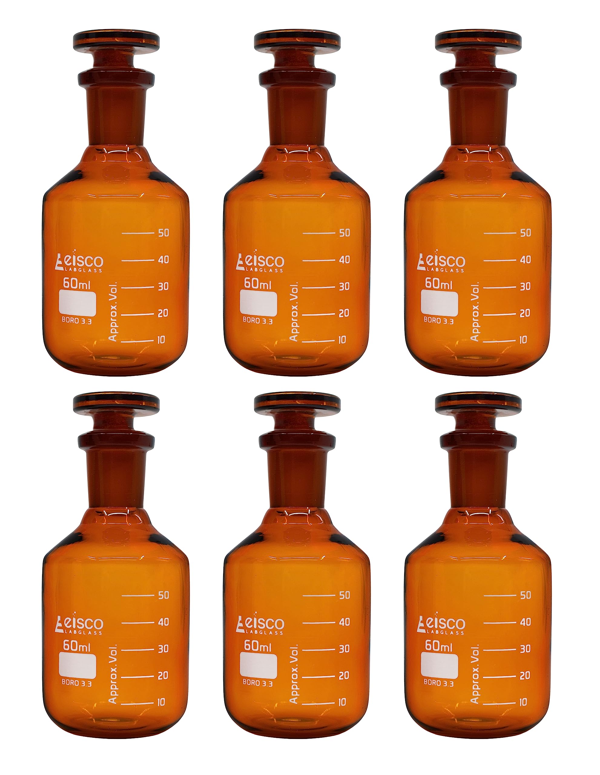 EISCO 6PK Reagent Bottles, Amber, 60mL - Graduated - Narrow Mouth with Solid Glass Stopper - Borosilicate Glass