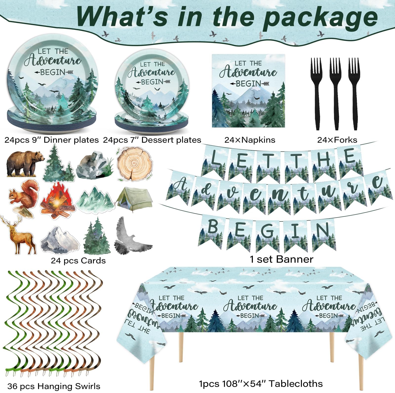 146 PCS Adventure Awaits Party Supplies Let The Adventure Begin Plates Napkins Adventure Table Cover Disposable Paper Plates Napkins Tablecloth Hanging Swirls Banner for Baby Shower Birthday Party