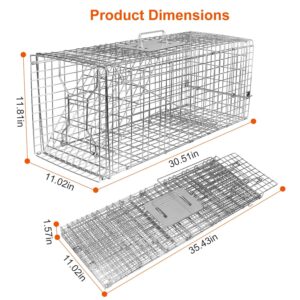 Moclever Live Animal Cage Trap Humane Cat Trap Cage Catch Release Live Animal Rodent Cage Collapsible Galvanized Wire for Rabbits, Stray Cat, Raccoon, Groundhogs, Mole,Gopher,Opossum-30.5X11.81X11 in