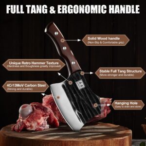 ENOKING Meat Cleaver, 5.7 Inch Butcher Knife Cleaver Knife Heavy Duty Bone Chopper Axe with Wood Handle, Hand Forged Bone Cutting Knife, Full Tang Chopping Knife for Kitchen Camping BBQ Outdoor