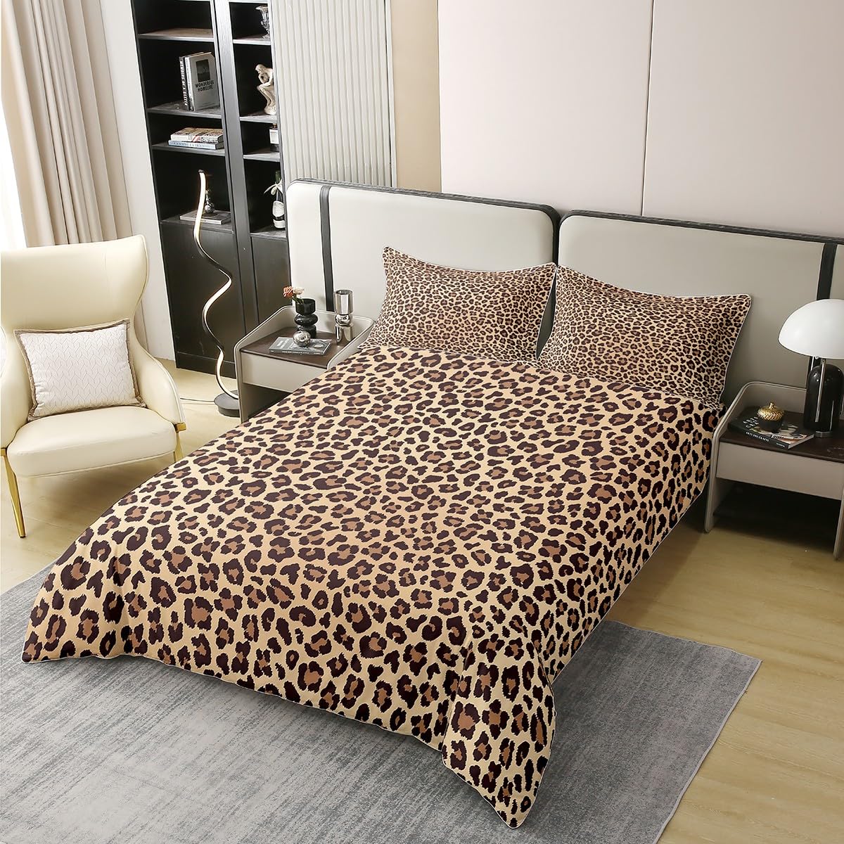 jejeloiu Leopard Print Duvet Cover 100% Cotton Queen Size Kids Cheetah Comforter Cover Set Safari Animal Bedding Cotton Duvet Cover Set Brown Black Bedspread Cover