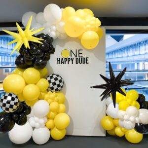 One Happy Dude Balloon Arch Garland Kit, 126Pcs 18" 12" 10" 5" Yellow Black Balloons with Checkered Foil Balloons for One Happy Dude Birthday Decorations Baby Shower Boys 1st Birthday Party Supplies