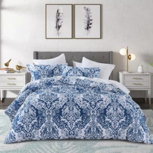 quilta navy duvet cover queen - 100% cotton queen duvet cover set damask duvet cover 3pcs soft & lightweight with zipper closure & 8ties for all seasons 90 x 90 (no comforter)