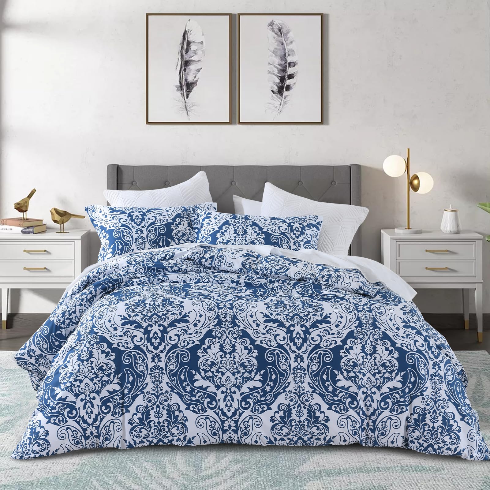 Quilta Navy Duvet Cover Queen - 100% Cotton Queen Duvet Cover Set Damask Duvet Cover 3pcs Soft & Lightweight with Zipper Closure & 8Ties for All Seasons 90 x 90 (No Comforter)