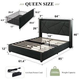 Feonase Upholstered Storage Bed Frame Queen Size with 4 Drawers, Platform Bed with Charging Station & Wingback Headboard, Solid Wood Slats Support, Dark Gray