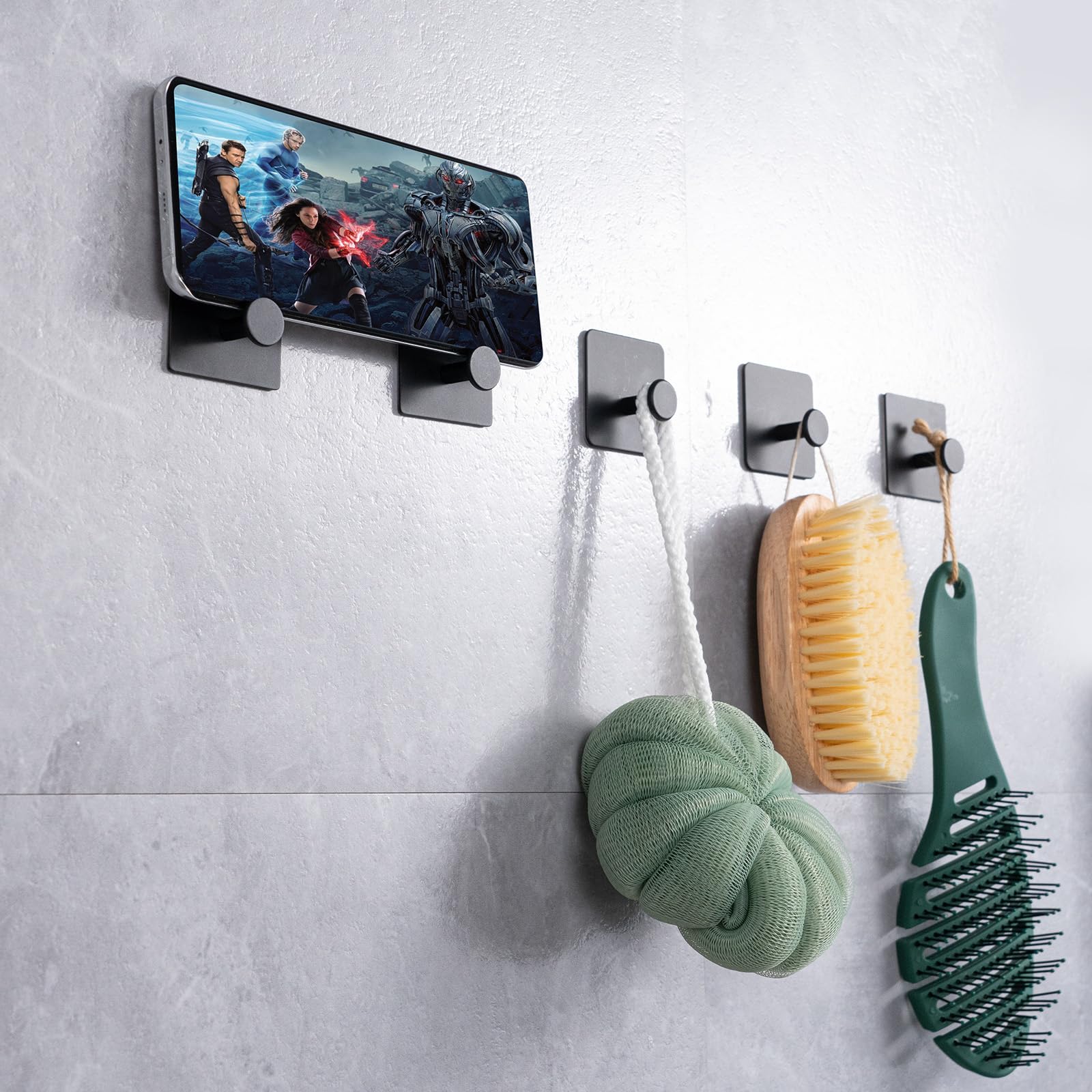 CasaZentro Adhesive Hooks - 5 Pack Towel Hooks for Bathroom, Matte Black Shower Hooks for Hanging Robes Coat, Wall Hooks Stick on Kitchen, Stainless Steel