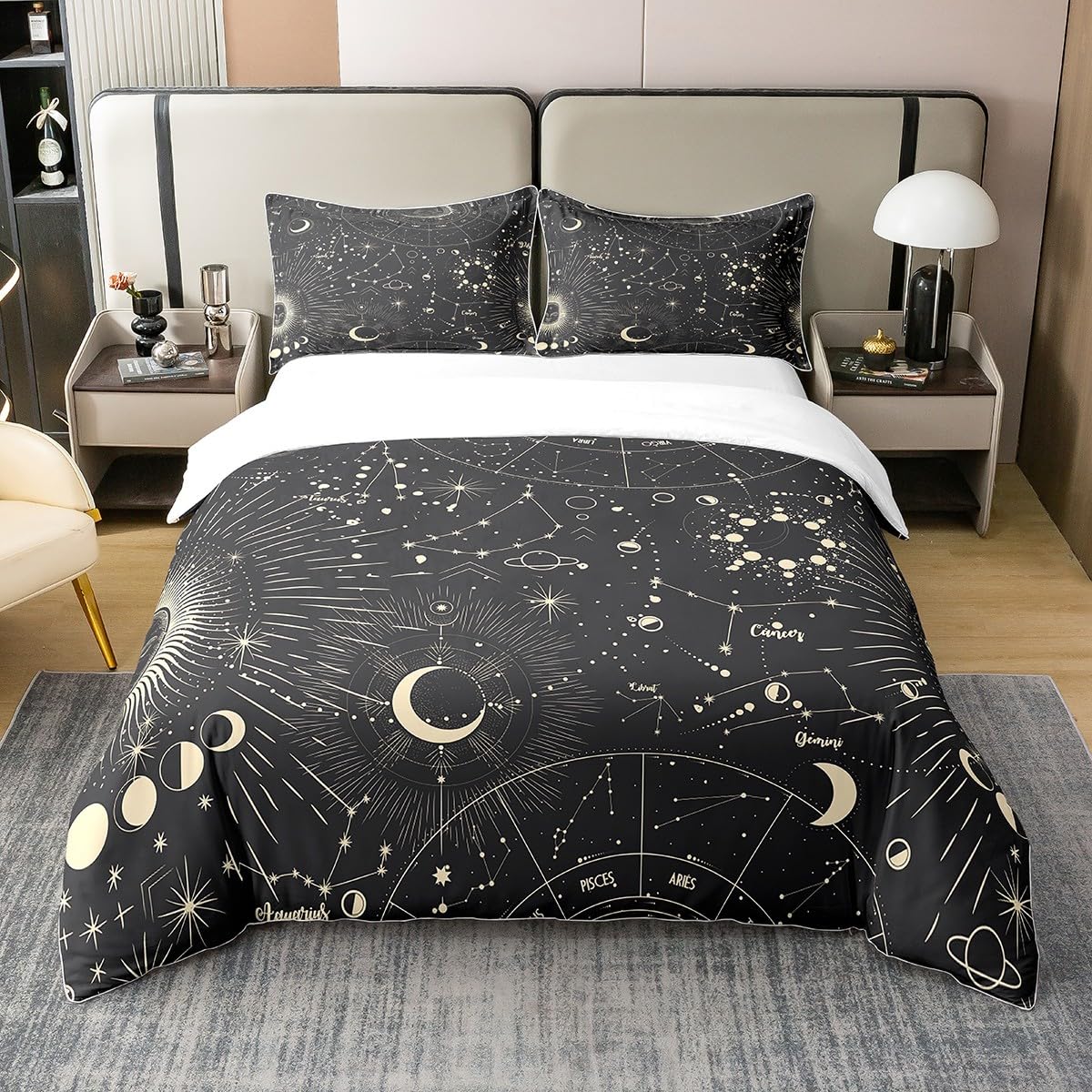 jejeloiu Sun Moon Duvet Cover 100% Cotton Queen Size 1 Panel Boho Exotic Bedding Cotton Duvet Cover Set Solar System Galaxy Astrology Space Bedspread Cover