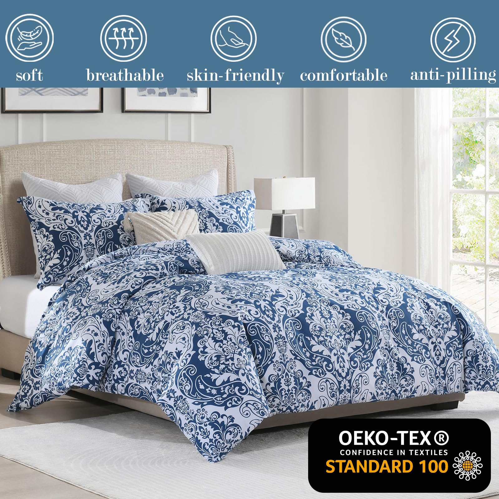 Quilta Navy Duvet Cover Queen - 100% Cotton Queen Duvet Cover Set Damask Duvet Cover 3pcs Soft & Lightweight with Zipper Closure & 8Ties for All Seasons 90 x 90 (No Comforter)