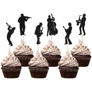 gyufise 24pcs musician cupcake toppers glitter saxophone silhouette music play note cupcake picks music concert cake decorations for wedding engagement bridal shower birthday party supplies black