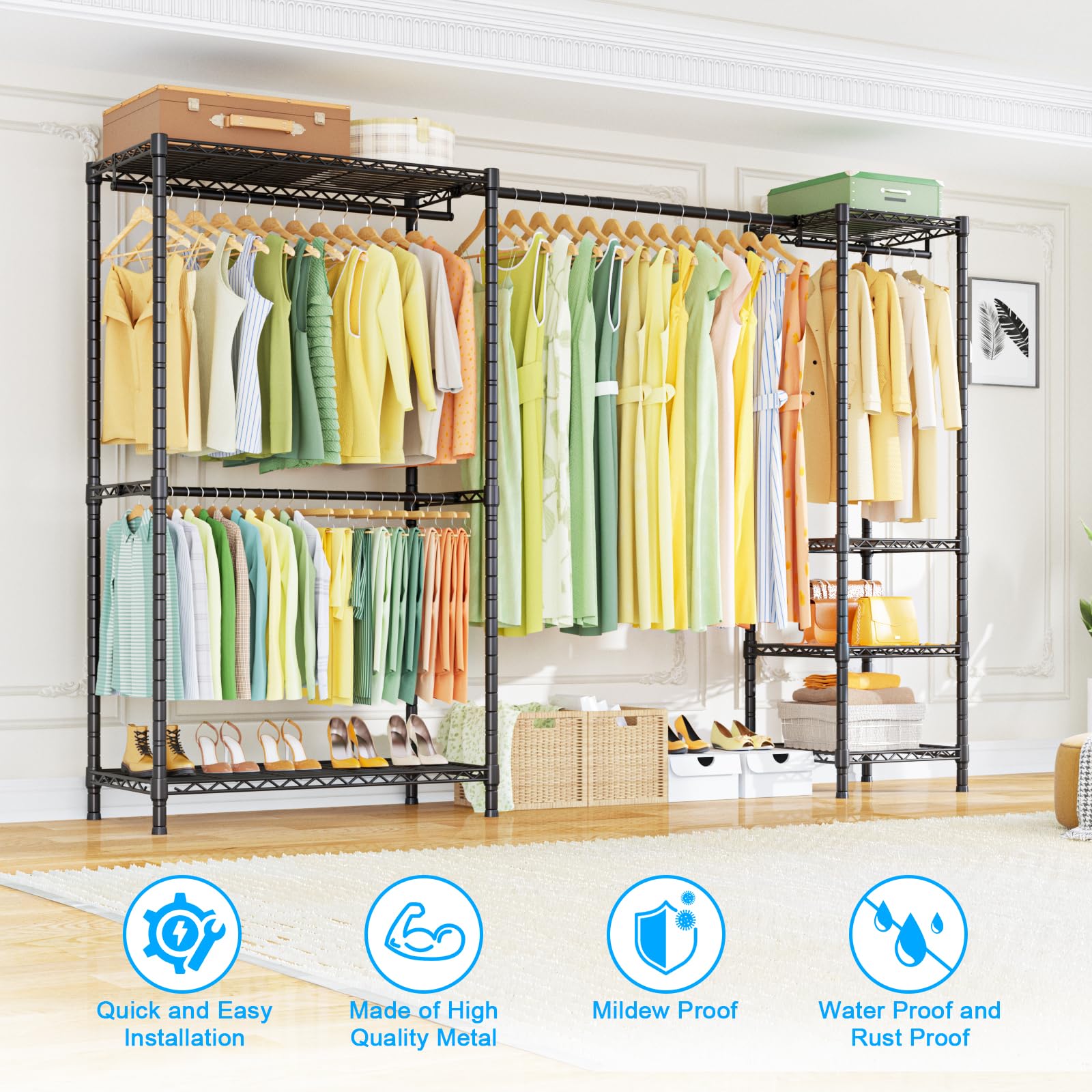 Ulif E10 Clothes Rack（With Stretchable Hanger Rod）Freestanding Clothing Racks for Hanging Clothes，Adjustable Closet Organizer System，Portable Garment Rack 73-97"W x 15" D x 72" H，Max Load 800LBS，Black