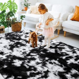 EVOIONOS Black White Tie-dye Rug for Living Room, 4x6 Ft Fluffy Shaggy Bedside Area Rugs for Bedroom, Plush Soft Indoor Floor Carpet for Kids Room Home Decor, Upgraded Non Slip Washable Aesthetic Rug