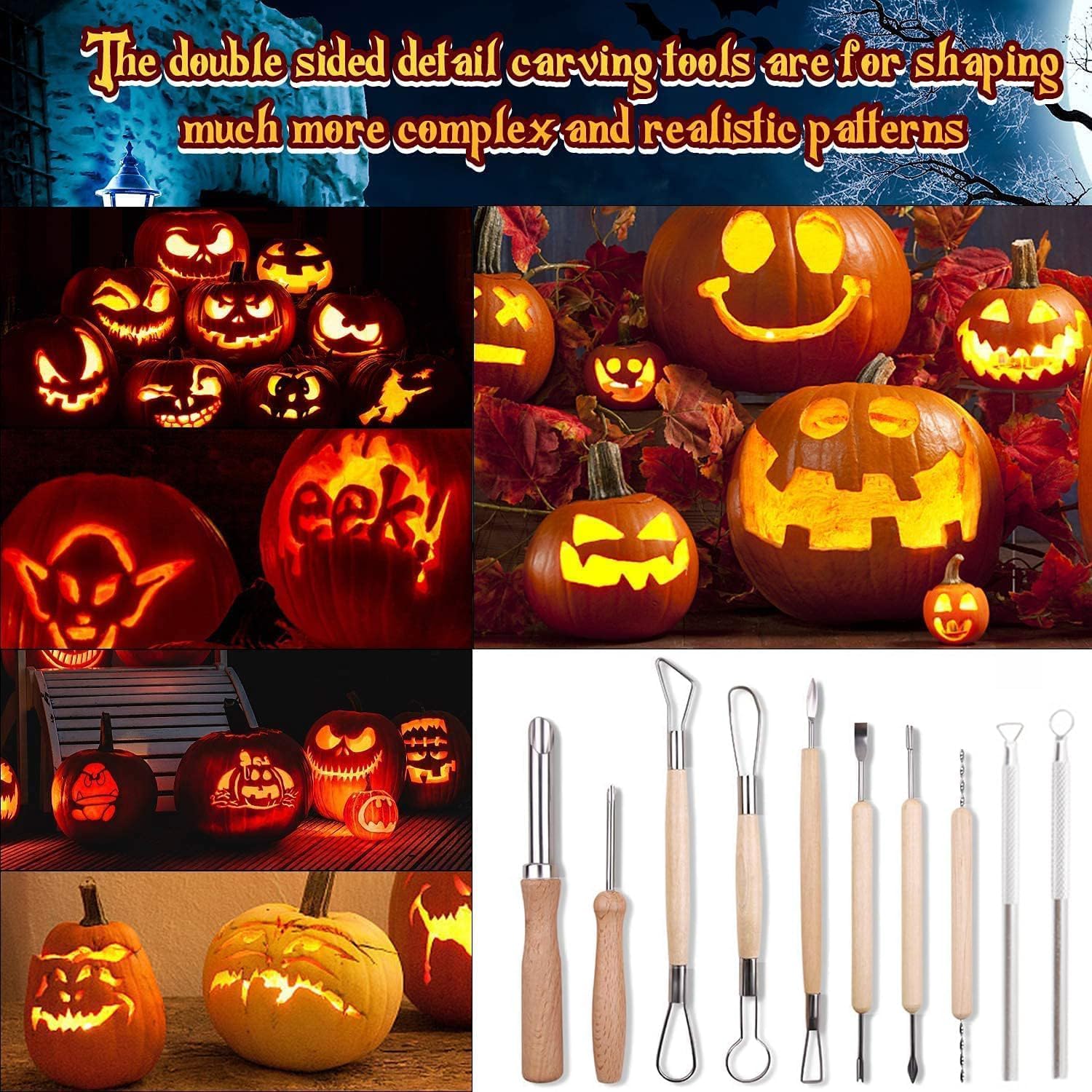 Pumpkin Carving Kit Tools Halloween, 15PCS Professional Heavy Duty Carving Set, Stainless Steel Double-side Sculpting Tool Carving Knife for Halloween Decoration