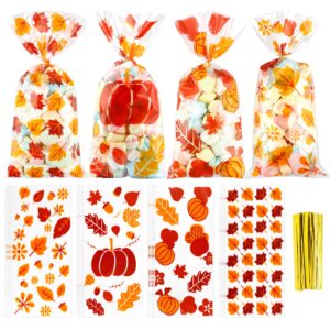 boeiac thanksgiving treat bags,100 pcs thanksgiving fall cellophane treat bags, plastic autumn maple leaves pumpkin candy goodie bags with twist ties for thanksgiving fall theme party favor