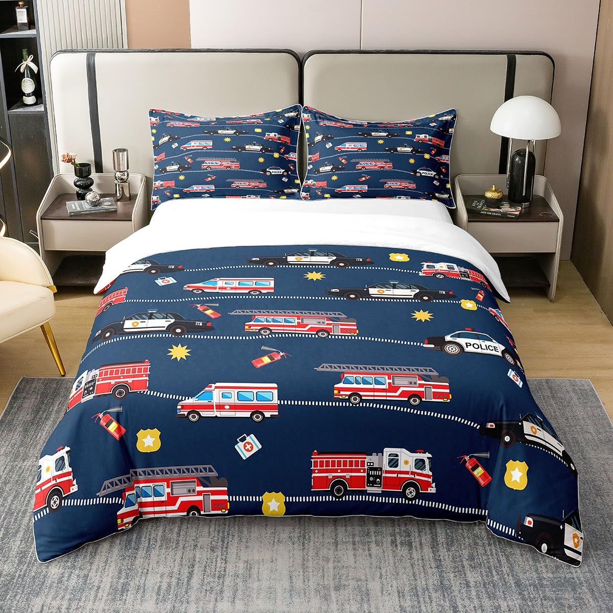 Fire Truck Door Duvet Cover 100% Cotton Queen SizeCartoon Car Bedding Cotton Duvet Cover Set Police Car Bedding Set Firefighter Comforter Cover Set Firemen Car Vehicle Red Black Blue Bedspread Cover