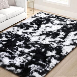 evoionos black white tie-dye rug for living room, 4x6 ft fluffy shaggy bedside area rugs for bedroom, plush soft indoor floor carpet for kids room home decor, upgraded non slip washable aesthetic rug