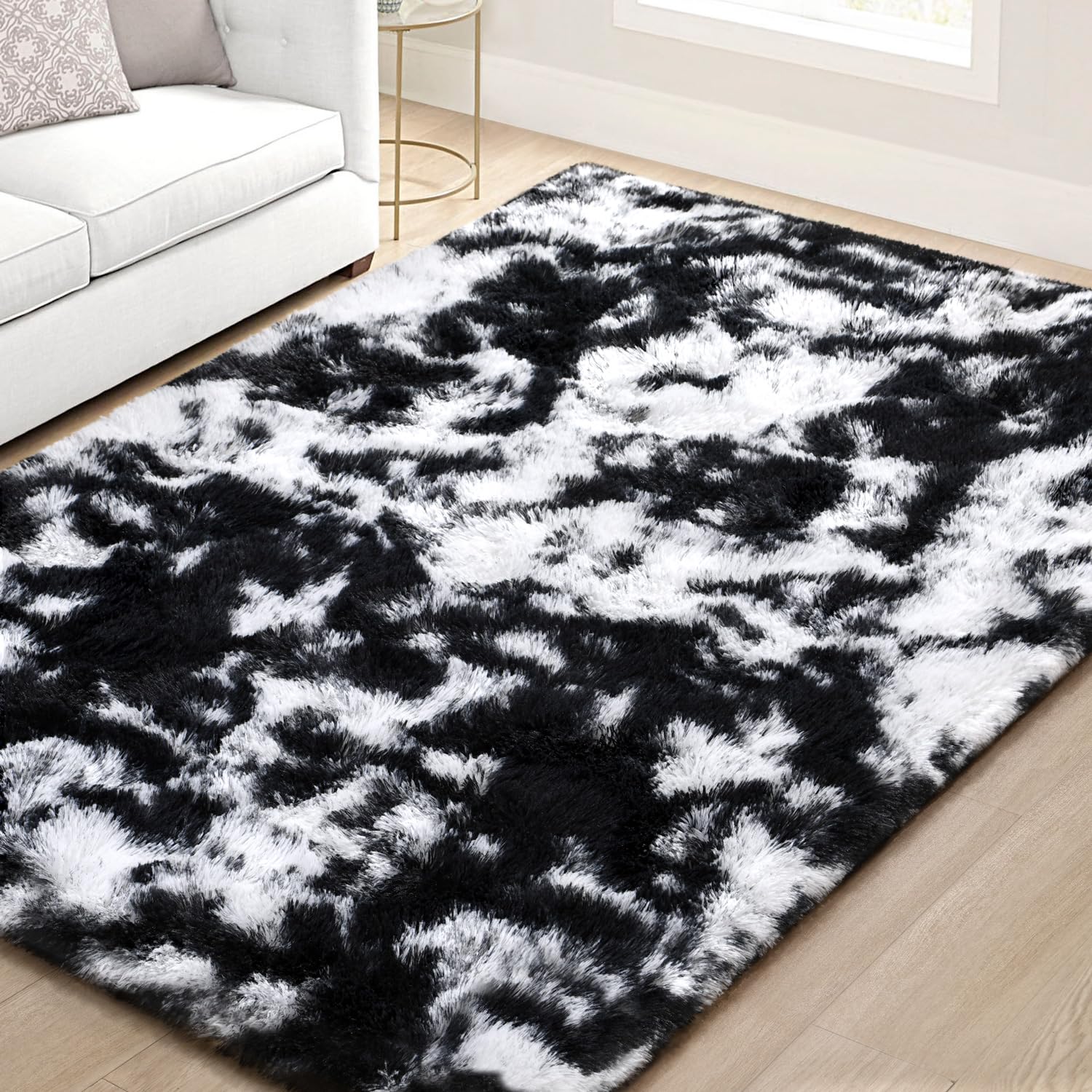 EVOIONOS Black White Tie-dye Rug for Living Room, 4x6 Ft Fluffy Shaggy Bedside Area Rugs for Bedroom, Plush Soft Indoor Floor Carpet for Kids Room Home Decor, Upgraded Non Slip Washable Aesthetic Rug