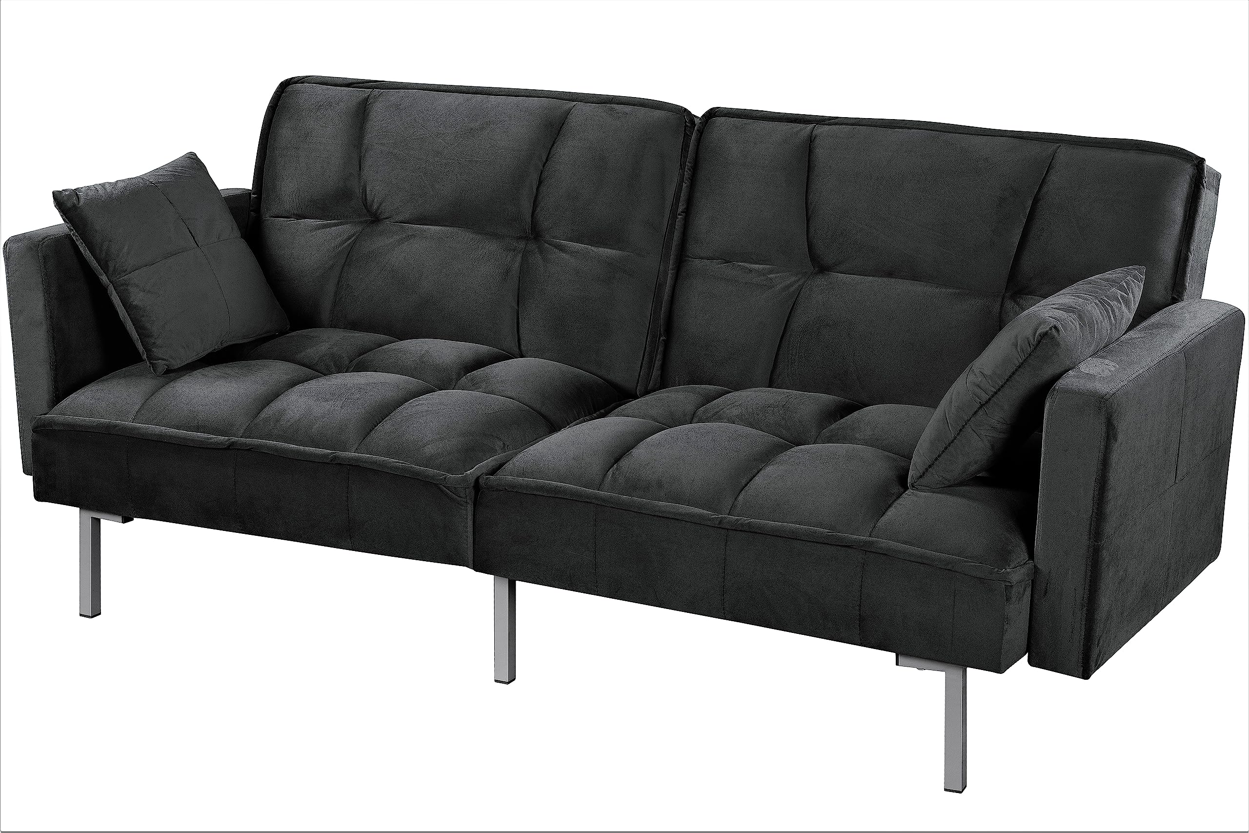 Container Furniture Direct Regal Convertible Sleeper Sofa Bed, Velvet Pull Out Couch with Mid-Century Style, Tufted Design and Metal Legs, Ideal for for Guests and Sleepovers, Black