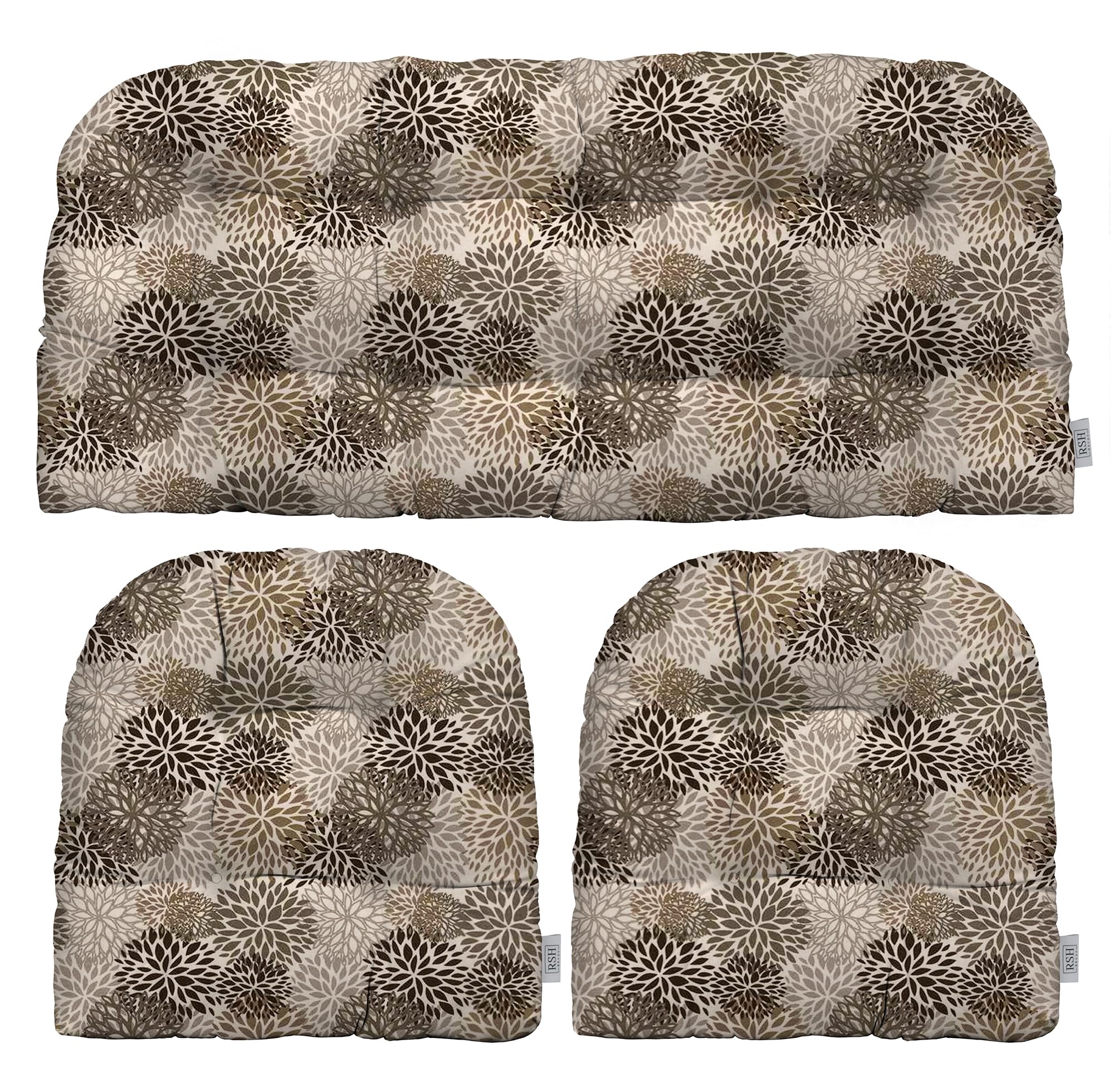 RSH DECOR: 3-Piece Wicker Tufted Cushion Set | 44” x 22" & 22" x 22" | All-Weather Spun Fabric | Water-Resistant | Outdoor Loveseat & U-Shape Cushions for Patio Furniture | Blooms Matte Black Floral