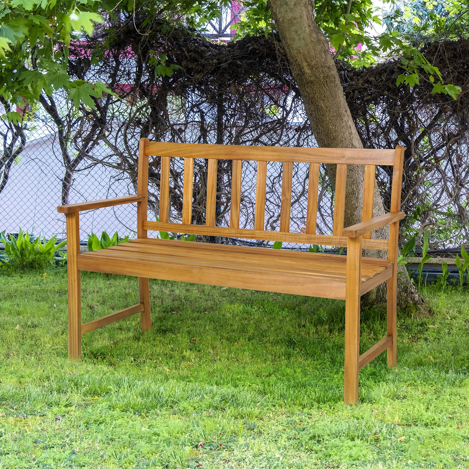 Tangkula Outdoor Acacia Wood Bench, 2-Person Garden Bench with Backrest and Armrests, Garden Bench with Slatted Seat for Porch, Park, Backyard, 800 Lbs Max Load, 48” L x 22” W x 34” H, Natural