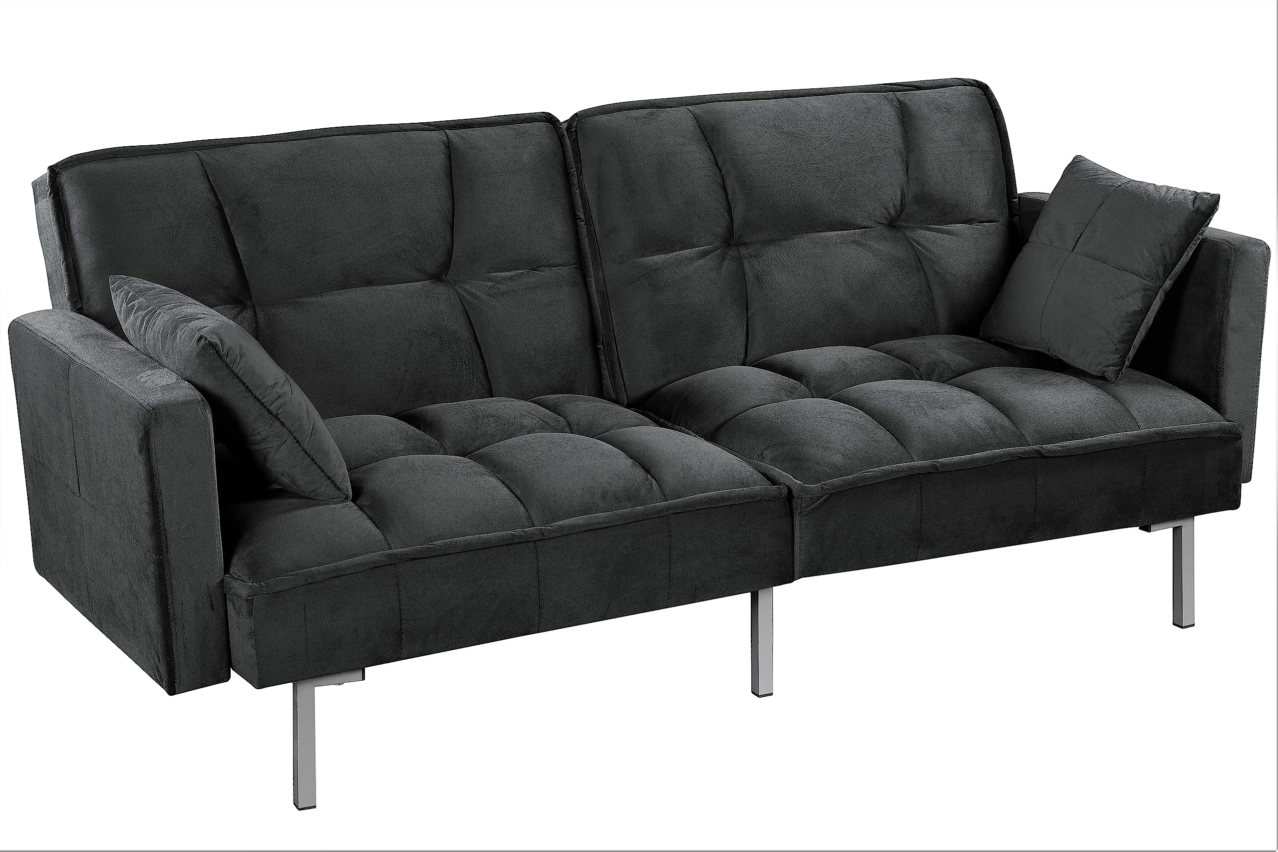 Container Furniture Direct Regal Convertible Sleeper Sofa Bed, Velvet Pull Out Couch with Mid-Century Style, Tufted Design and Metal Legs, Ideal for for Guests and Sleepovers, Black