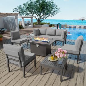 alaulm 8 pieces metal patio furniture set with propane fire pit table modern outdoor furniture w/55000 btu fire pit patio sectional sofas w/5.1'' sponge cushions for patio, backyard, poolside-grey