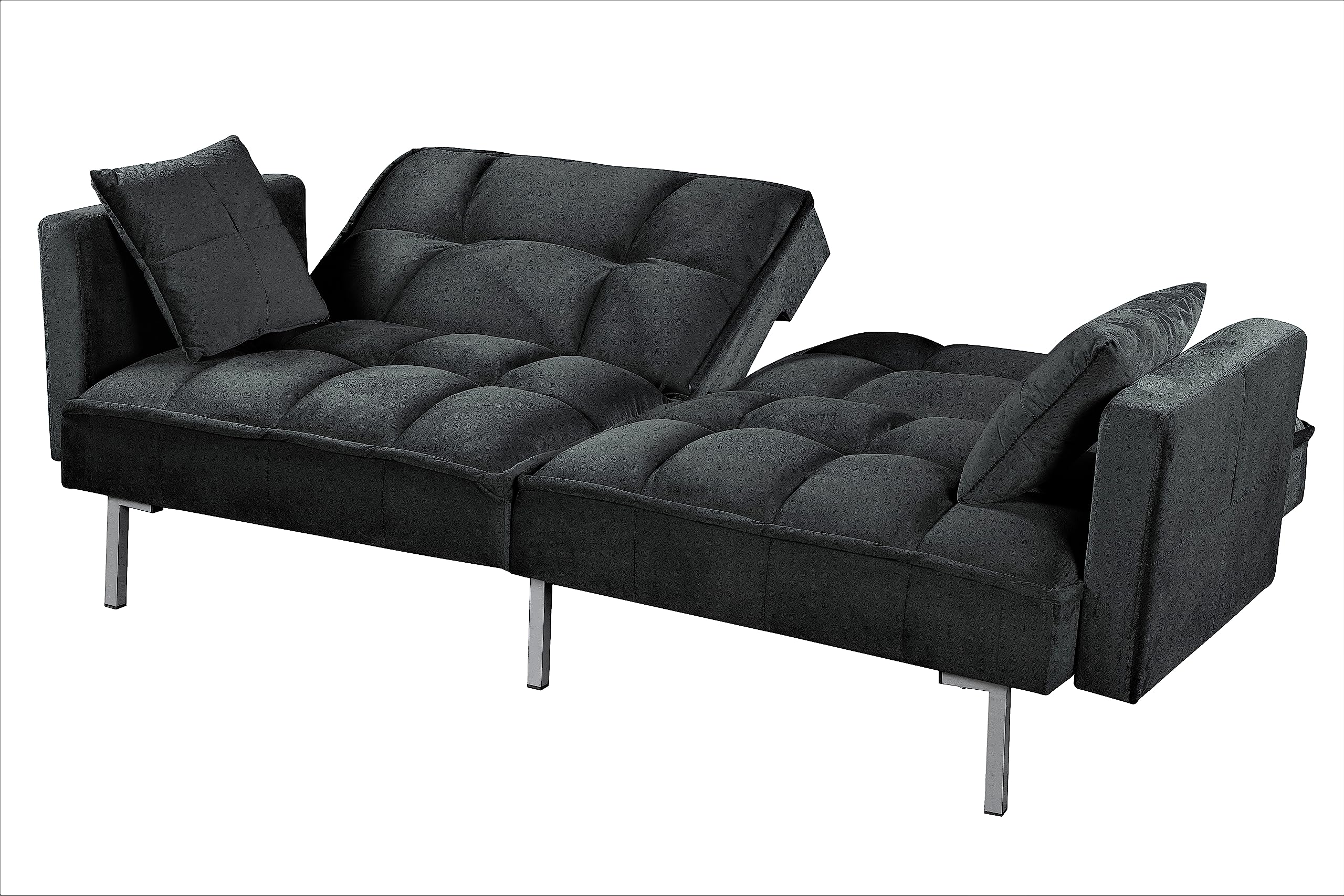 Container Furniture Direct Regal Convertible Sleeper Sofa Bed, Velvet Pull Out Couch with Mid-Century Style, Tufted Design and Metal Legs, Ideal for for Guests and Sleepovers, Black