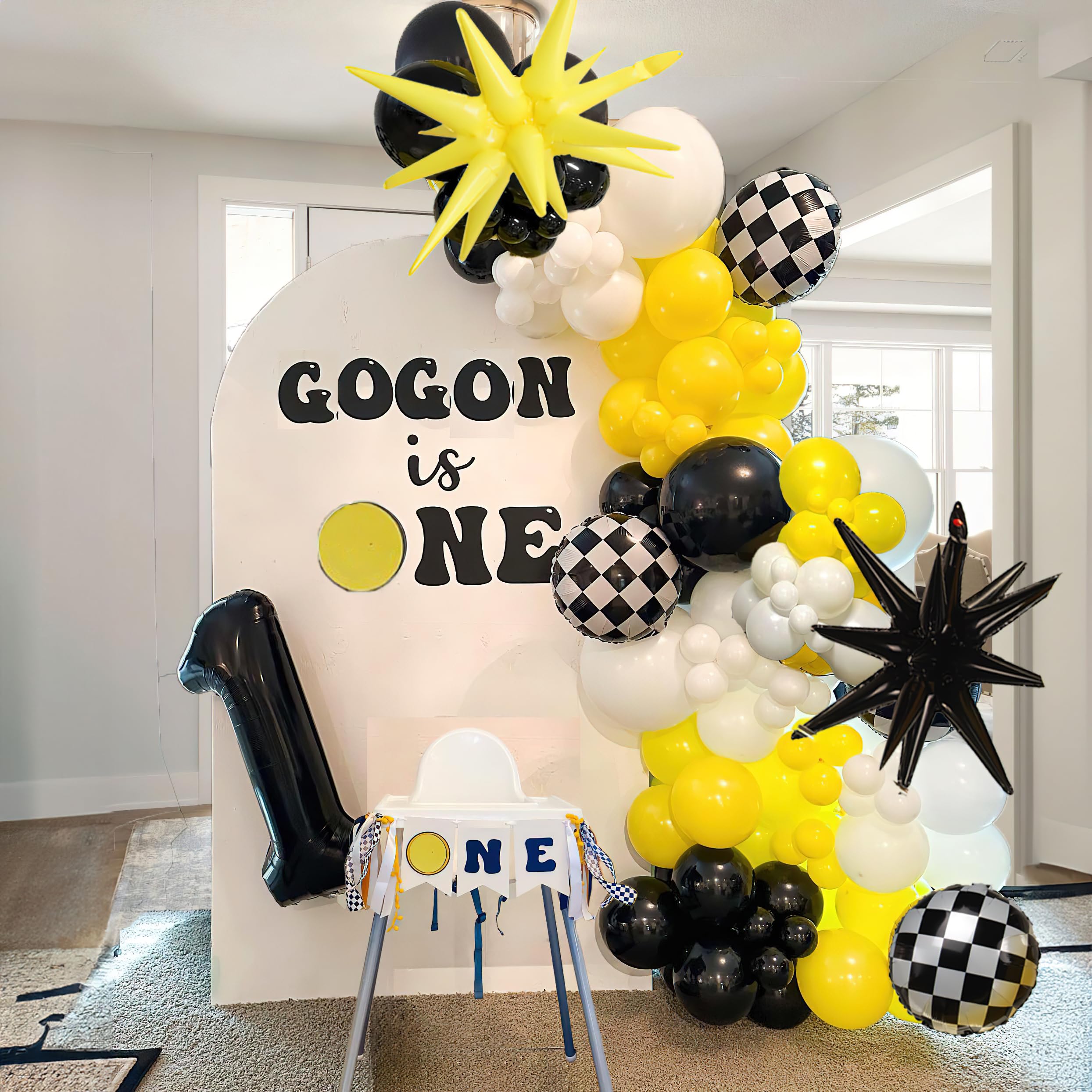 One Happy Dude Balloon Arch Garland Kit, 126Pcs 18" 12" 10" 5" Yellow Black Balloons with Checkered Foil Balloons for One Happy Dude Birthday Decorations Baby Shower Boys 1st Birthday Party Supplies