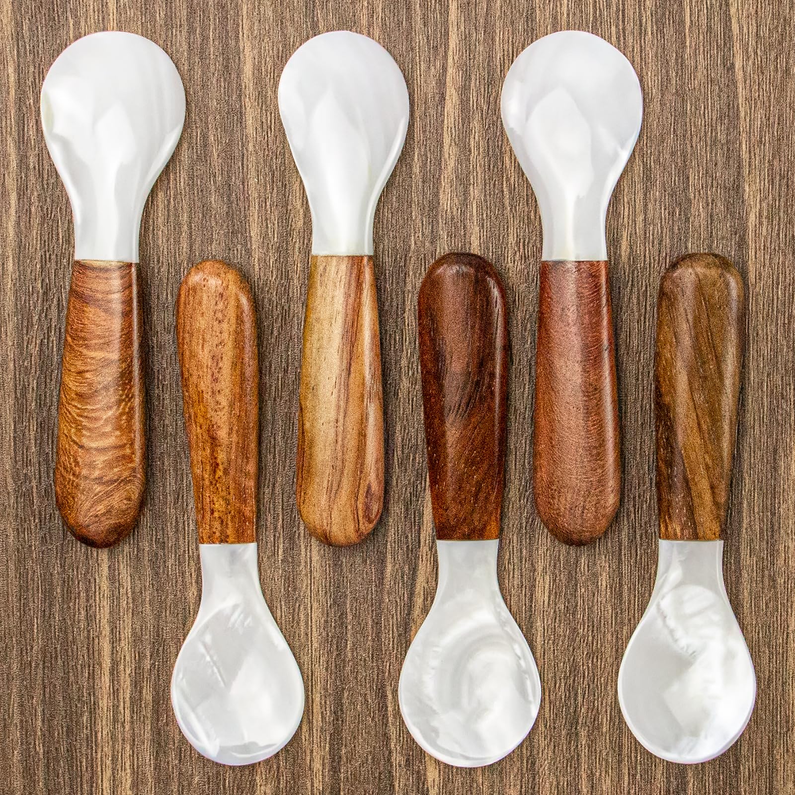 DUEBEL Set of 6 Caviar Spoons of Wood Handle, 4" Mother of Pearl Spoons for Caviar Serving, Egg Serving, Catering Deroration