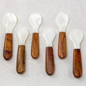 DUEBEL Set of 6 Caviar Spoons of Wood Handle, 4" Mother of Pearl Spoons for Caviar Serving, Egg Serving, Catering Deroration