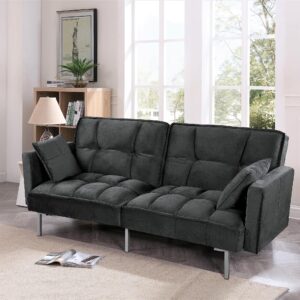 Container Furniture Direct Regal Convertible Sleeper Sofa Bed, Velvet Pull Out Couch with Mid-Century Style, Tufted Design and Metal Legs, Ideal for for Guests and Sleepovers, Black