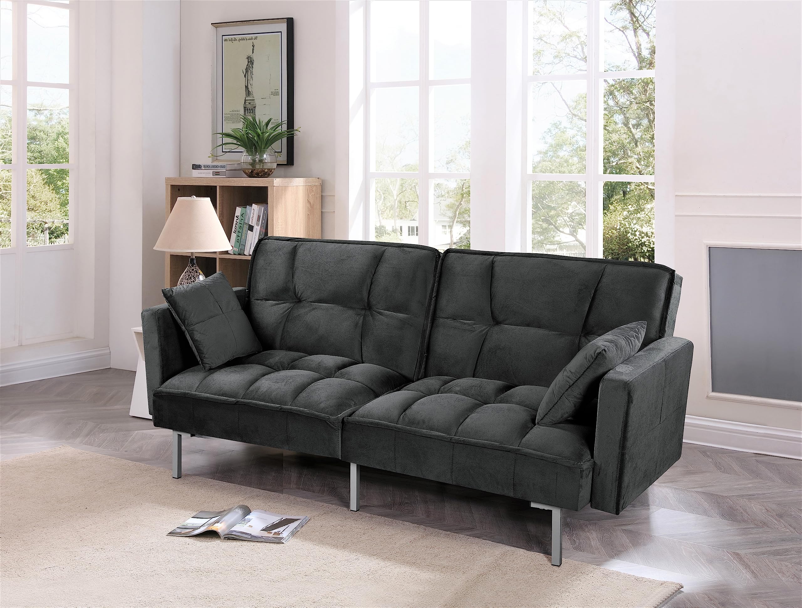 Container Furniture Direct Regal Convertible Sleeper Sofa Bed, Velvet Pull Out Couch with Mid-Century Style, Tufted Design and Metal Legs, Ideal for for Guests and Sleepovers, Black