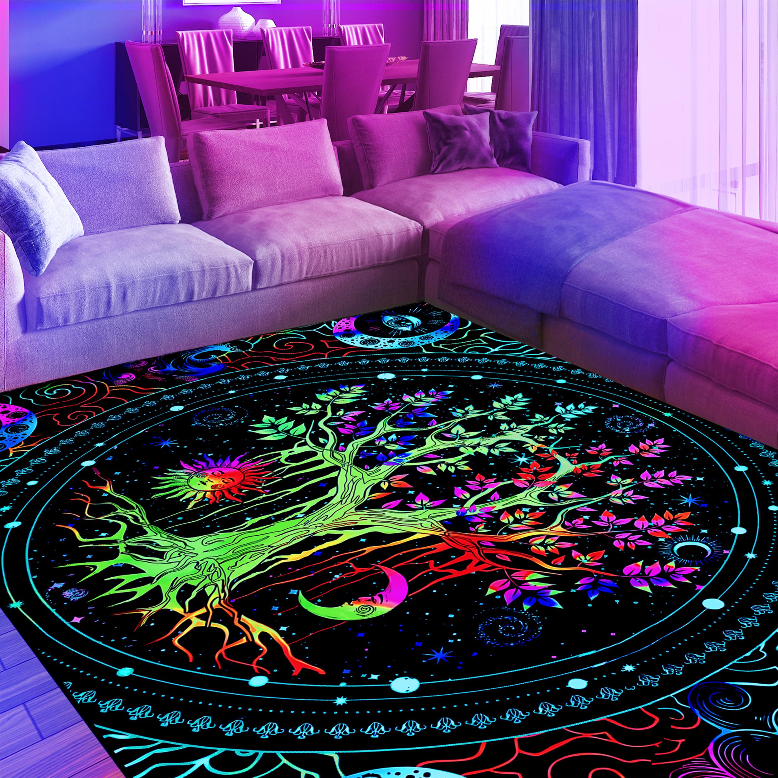 EISKBC Neon Tree of Life Area Rug, Large Blacklight UV Reactive Throw Rug, Non-Slip Bohemian Fluorescent Floor Mat Carpet, Glow in The Dark Sun and Moon Phase Bed Room Decor, 70x47inch