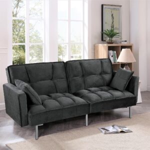 Container Furniture Direct Regal Convertible Sleeper Sofa Bed, Velvet Pull Out Couch with Mid-Century Style, Tufted Design and Metal Legs, Ideal for for Guests and Sleepovers, Black