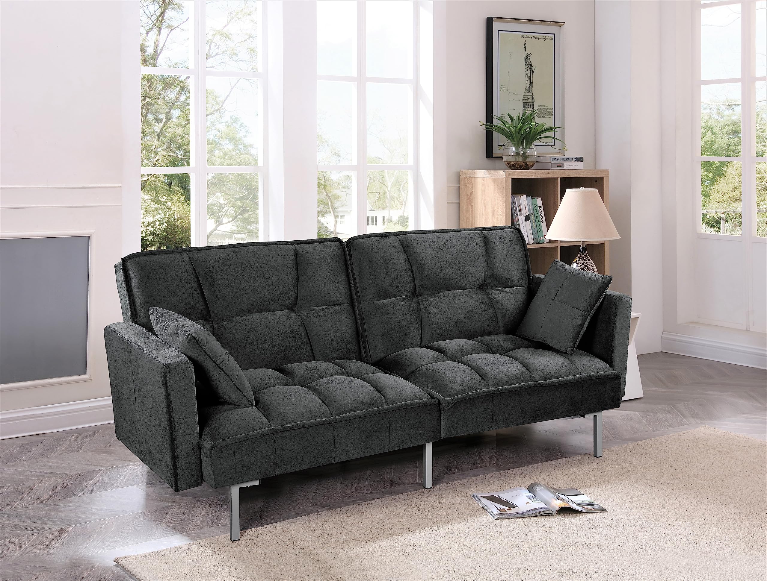 Container Furniture Direct Regal Convertible Sleeper Sofa Bed, Velvet Pull Out Couch with Mid-Century Style, Tufted Design and Metal Legs, Ideal for for Guests and Sleepovers, Black