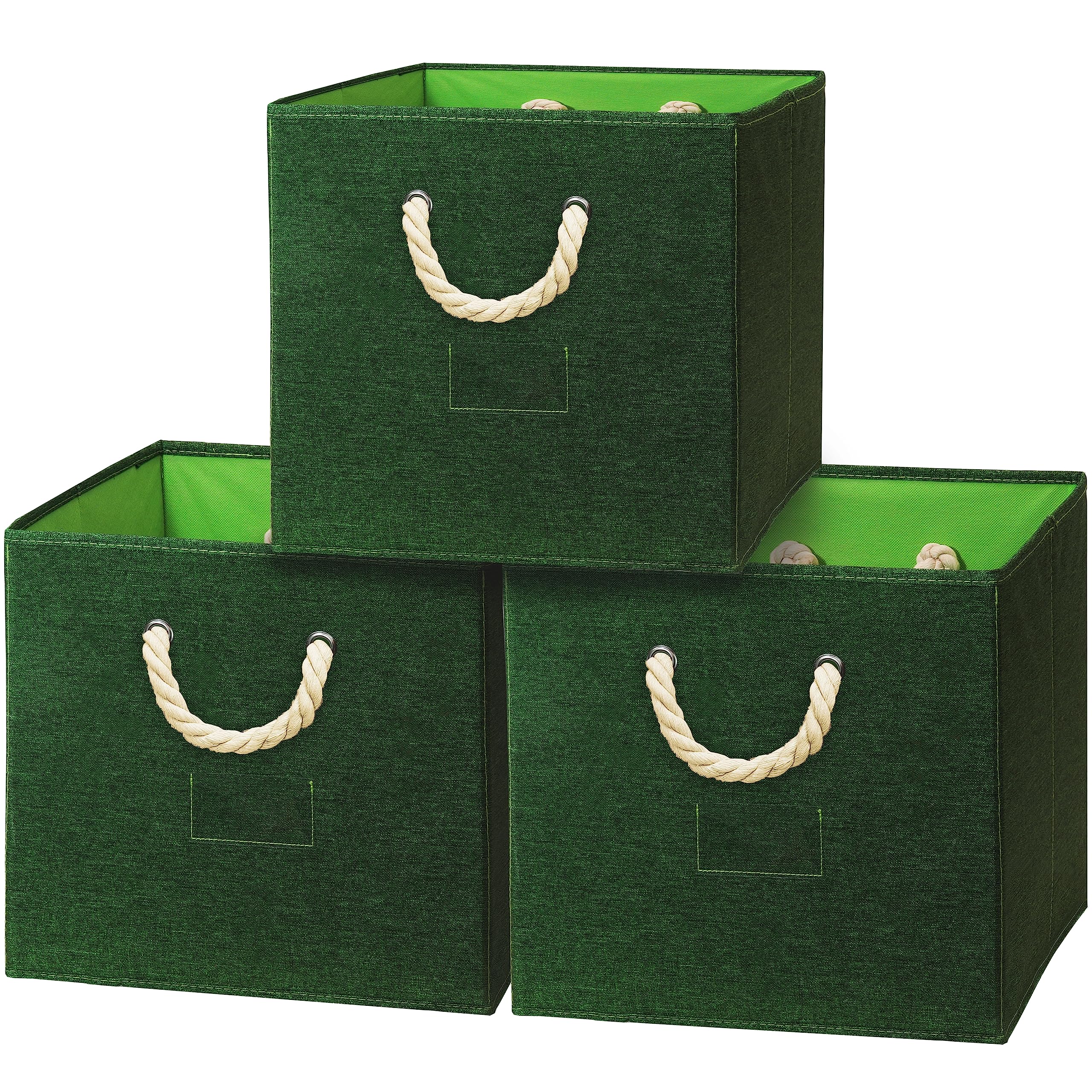 Simple Houseware 13" Cube Storage Bin With Braided Rope Handles, 3 Pack, Forest Green