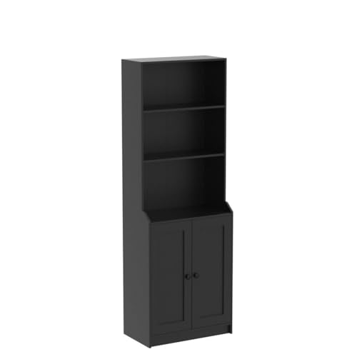 Cozy Castle 75 Inch Tall Bookshelf with Doors, Modern Floor Standing 5-Tier Bookcase with Storage Cabinet and Adjustable Shelves for Living Room, Office, Bedroom 27.6" W x 15.7" D x 75.6" H, Black