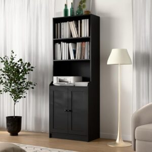 cozy castle 75 inch tall bookshelf with doors, modern floor standing 5-tier bookcase with storage cabinet and adjustable shelves for living room, office, bedroom 27.6" w x 15.7" d x 75.6" h, black