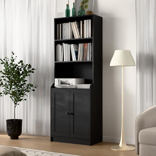 Cozy Castle 75 Inch Tall Bookshelf with Doors, Modern Floor Standing 5-Tier Bookcase with Storage Cabinet and Adjustable Shelves for Living Room, Office, Bedroom 27.6" W x 15.7" D x 75.6" H, Black