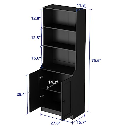 Cozy Castle 75 Inch Tall Bookshelf with Doors, Modern Floor Standing 5-Tier Bookcase with Storage Cabinet and Adjustable Shelves for Living Room, Office, Bedroom 27.6" W x 15.7" D x 75.6" H, Black