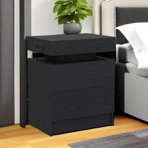 LIKIMIO Night Stand with Charging Station, Modern Black Nightstand with LED Light and Drawers, Bedside Tables/End Table for Bedroom