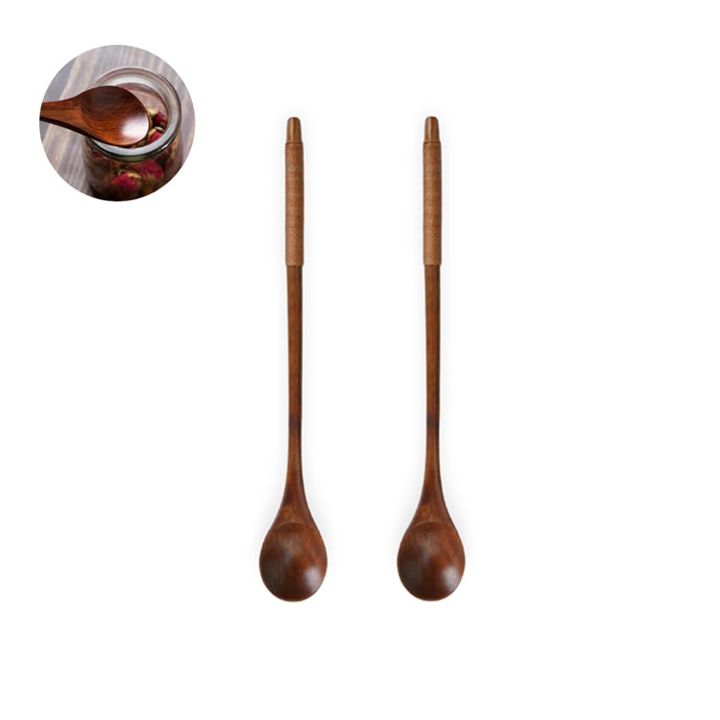 Handmade Wooden Long Handle Coffee Spoon Stirrer with Cable Tie, Retro Honey Jar Spoons Teaspoon Tea Stirring Spoon (2 Pack)