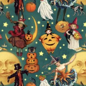 Vintage Halloween Witch Moons Pumpkins and Moons Cotton Precut Fabric by The Yard