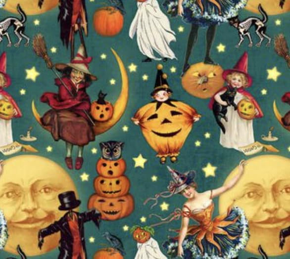 Vintage Halloween Witch Moons Pumpkins and Moons Cotton Precut Fabric by The Yard